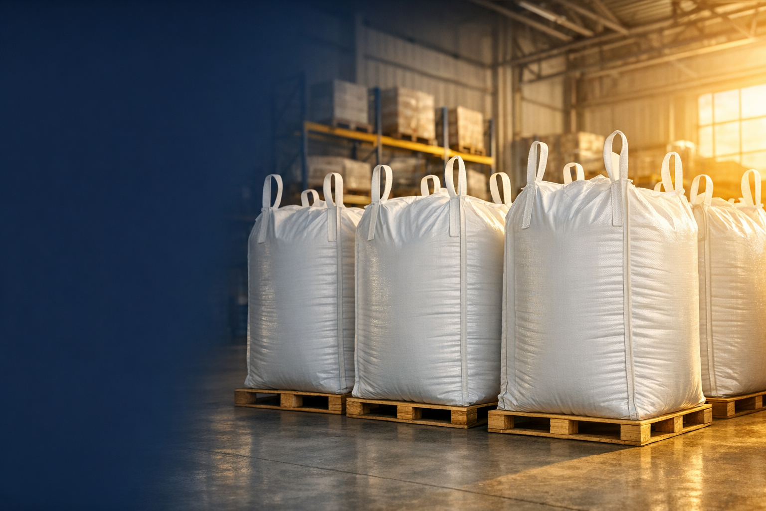 Big bags industriales blancos sobre pallets en una bodega